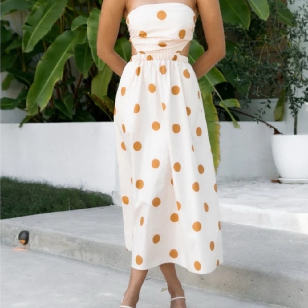 White Strapless Dress with Orange Polka Dots